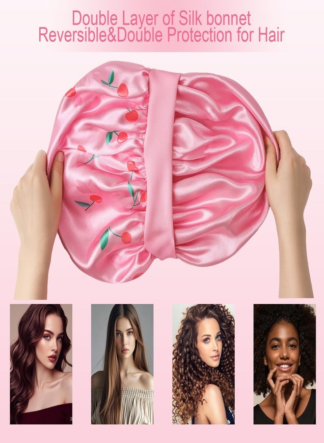 Confvrter Silk Bonnet for Sleeping Women Adjustable Double Layer Satin Bonnet, Night Cap for Curly & Textured Hair Prevents Breakage, Tangles & Thinning, Cherry Blossom Print - Image 3